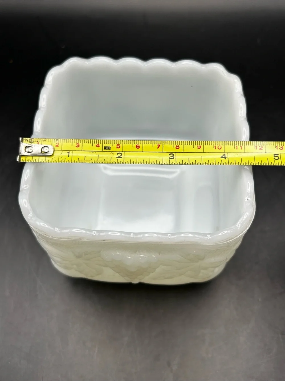 Anchor Hocking White Milk Glass Grape & Leaf Square Pedestal Bowl